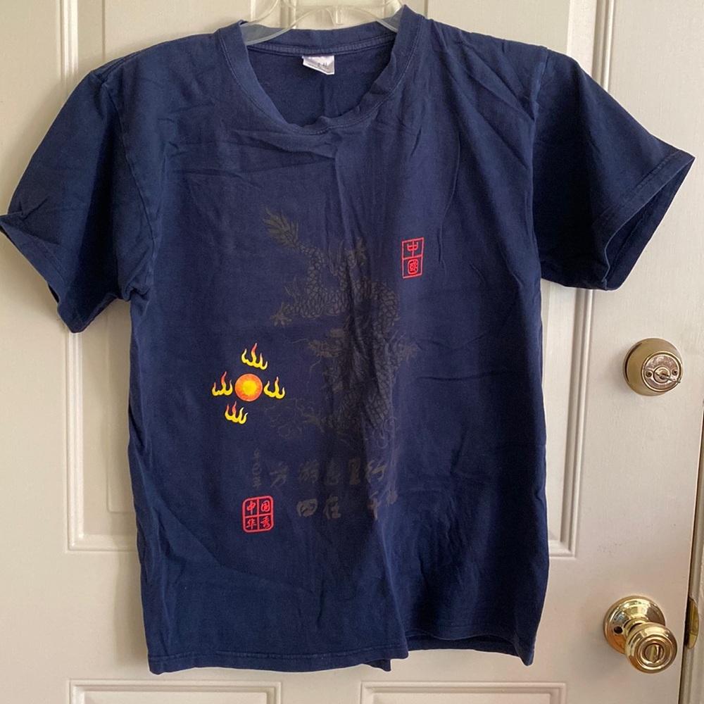 Navy Blue t-shirt with Golden Dragon and Red Chinese Characters size L